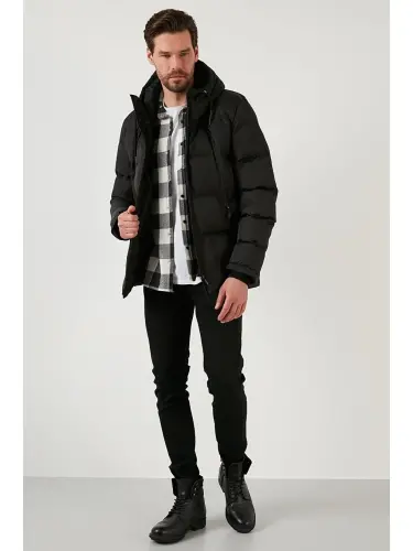 Fermuar yopish Slim Fit Kapüşonli Tik Yoqali Erkaklar Mont 5717101-Qora - 6