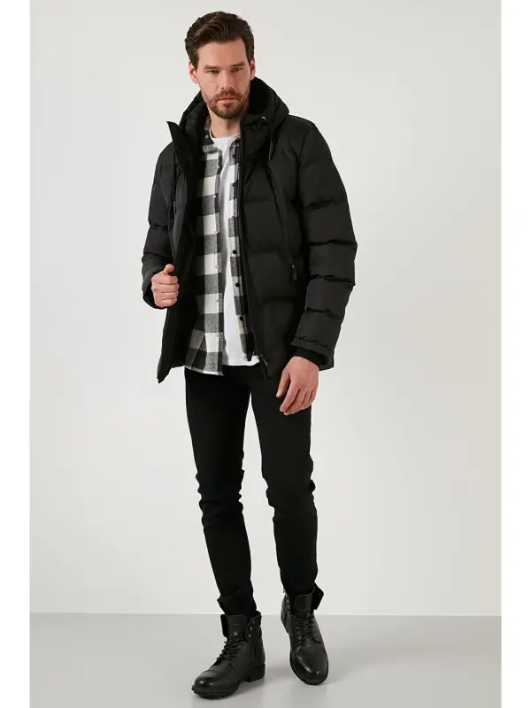 Fermuar yopish Slim Fit Kapüşonli Tik Yoqali Erkaklar Mont 5717101-Qora - 6