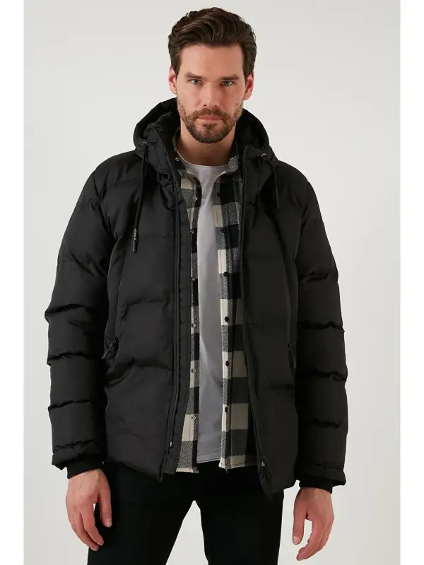 Fermuar yopish Slim Fit Kapüşonli Tik Yoqali Erkaklar Mont 5717101-Qora - 8