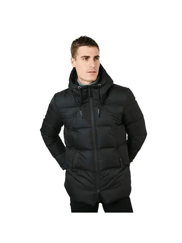 Fermuar yopish Slim Fit Kapüşonli Tik Yoqali Erkaklar Mont 5717101-Qora - 9