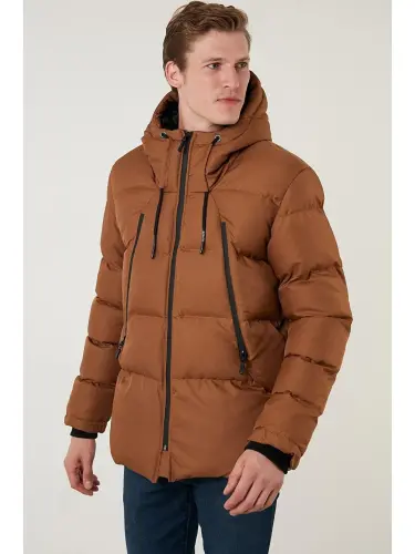 Fermuar yopish Slim Fit Kapüşonli Tik Yoqali Mont 5717101-Jigarrang - 3