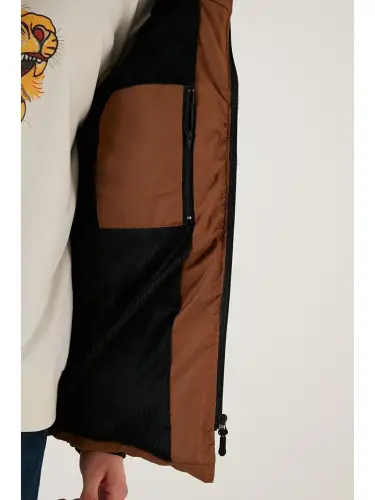 Fermuar yopish Slim Fit Kapüşonli Tik Yoqali Mont 5717101-Jigarrang - 5