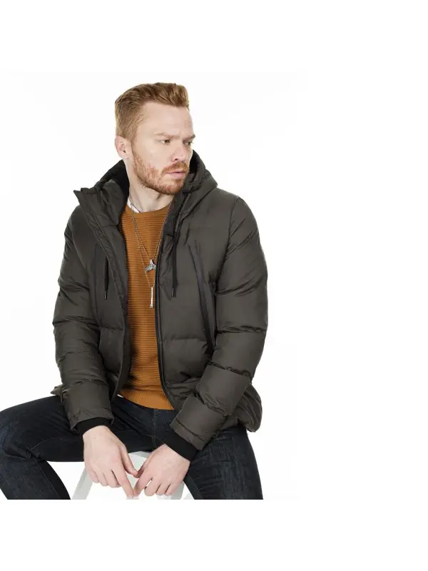 Fermuar yopish Slim Fit kaputli tik yoqali erkaklar kurtkasi 5717101-Haki - 8