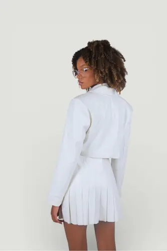 Fermuar yopuvchi plili mini kollej teri yubka Ekru - 5