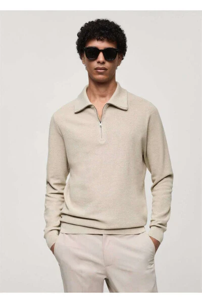 Fermuarlı Balıkçı Yaka Kalıplı Kazak-Kum Beji - MANGO MAN