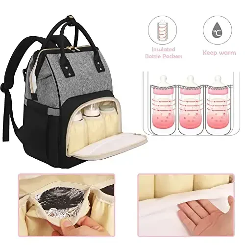 Femuar Diaper Bag Backpack Multifunction Maternity Nappy Baby Bag for Girls & Boys Large Capacity Travel Diaper Bags Black Gray - 5