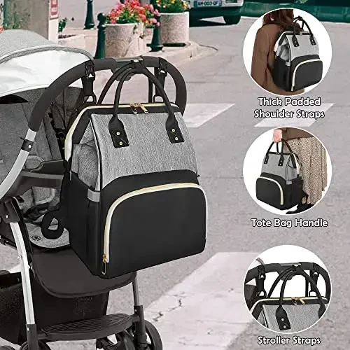 Femuar Diaper Bag Backpack Multifunction Maternity Nappy Baby Bag for Girls & Boys Large Capacity Travel Diaper Bags Black Gray - 6