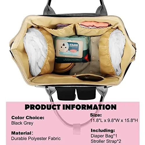 Femuar Diaper Bag Backpack Multifunction Maternity Nappy Baby Bag for Girls & Boys Large Capacity Travel Diaper Bags Black Gray - 3