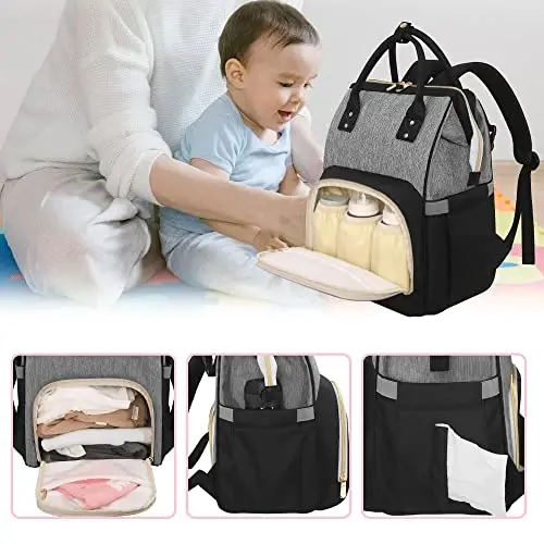Femuar Diaper Bag Backpack Multifunction Maternity Nappy Baby Bag for Girls & Boys Large Capacity Travel Diaper Bags Black Gray - 4