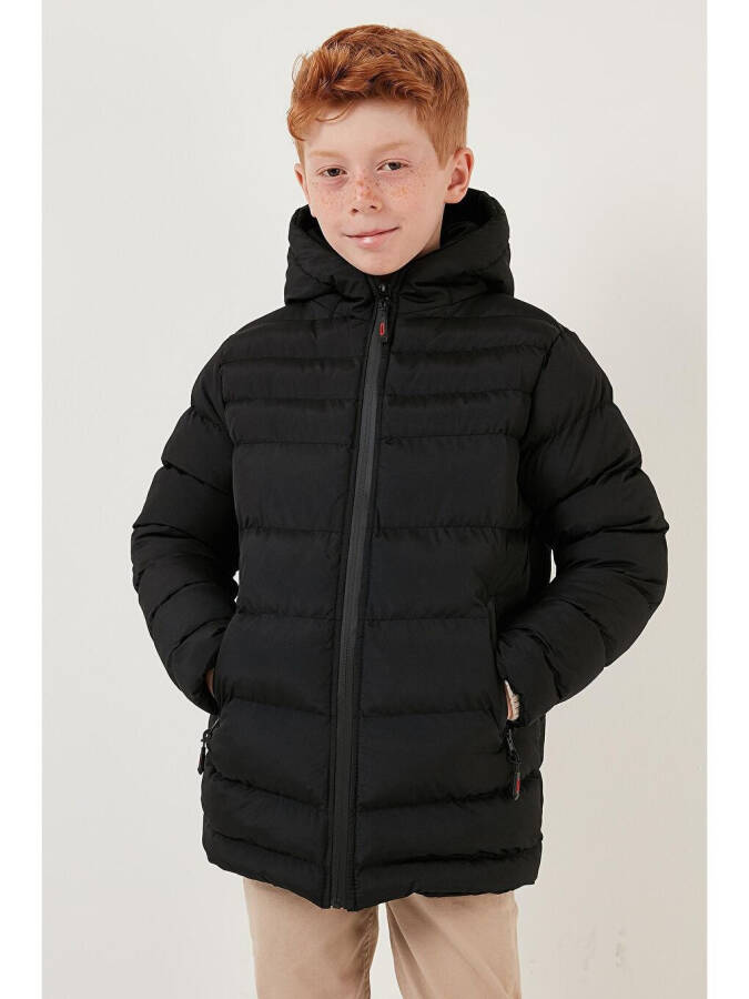 Siyah Fermuarlı Cepli Kapüşonlu Şişme Erkek Çocuk Mont 6492324-Siyah - 9