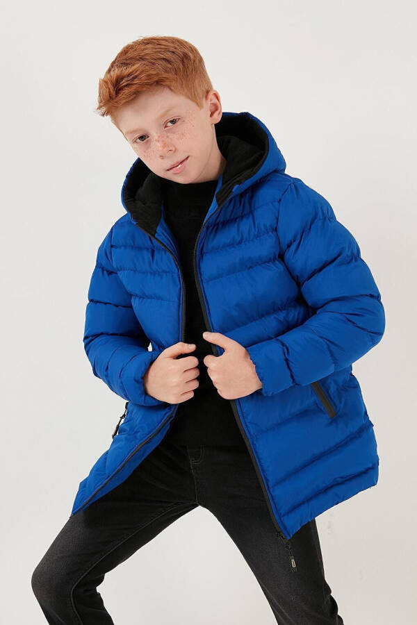 Mavi Fermuarlı Cepli Kapüşonlu Şişme Erkek Çocuk Mont 6492324-Mavi - 17