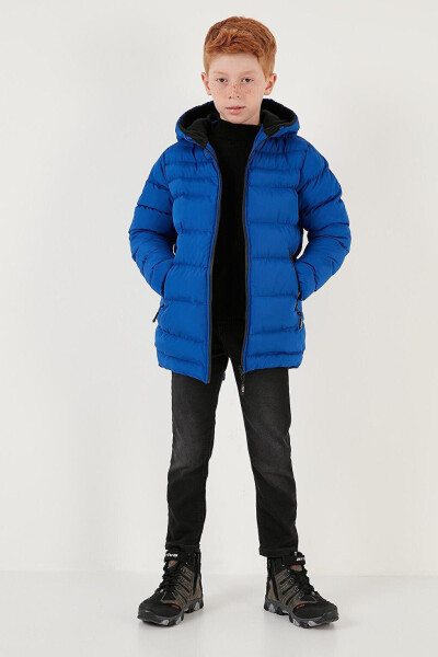 Mavi Fermuarlı Cepli Kapüşonlu Şişme Erkek Çocuk Mont 6492324-Mavi - 18