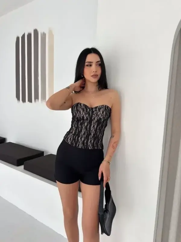 Fermuarlı Dantel Korse Straplez Bustiyer Transparan Şık Top - Bej - 4