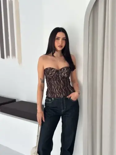 Fermuarlı Dantel Korse Straplez Bustiyer Transparan Şık Top - Kahverengi - 3