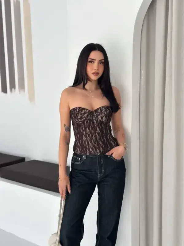 Fermuarlı Dantel Korse Straplez Bustiyer Transparan Şık Top - Kahverengi - 3