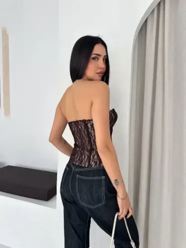 Fermuarlı Dantel Korse Straplez Bustiyer Transparan Şık Top - Kahverengi - 4