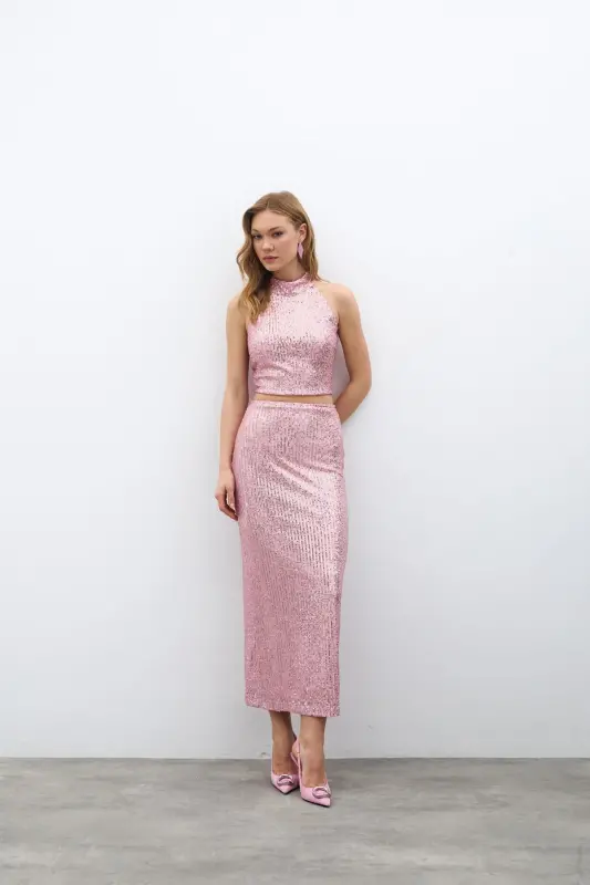 Fermuarlı Karolin Midi Etek - Pudra-PUDRA - SATEEN