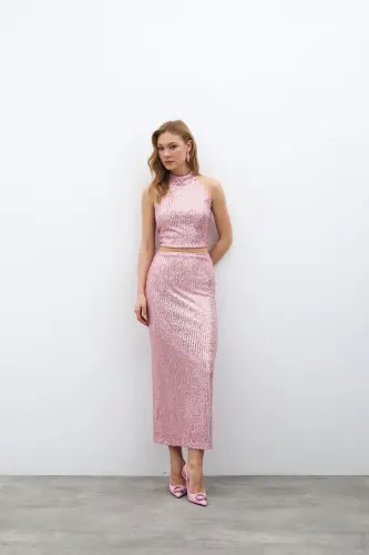Fermuarlı Karolin Midi Etek - Pudra-PUDRA 