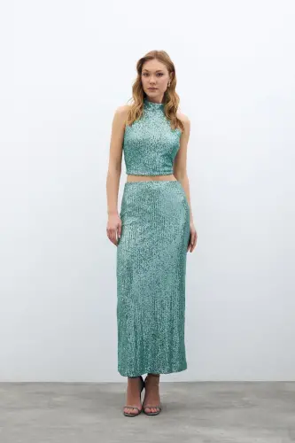 Fermuarli Karolin Midi Yubka - Mint-MINT 