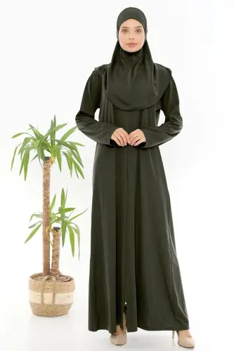 Fermuarlı Kayma Yapmaz Tek Parça Namaz Elbisesi-HAKİ 