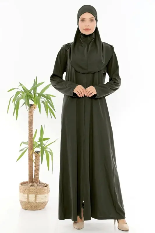 Fermuarlı Kayma Yapmaz Tek Parça Namaz Elbisesi-HAKİ - 1