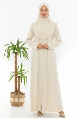 Fermuarlı Kayma Yapmaz Tek Parça Namaz Elbisesi Krem-Krem - 1