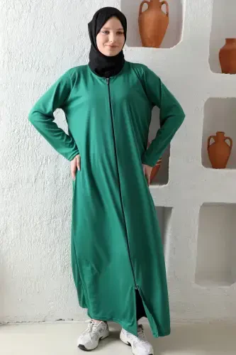 Fermuarlı Mavsumiy Yengil Mato Ayollar Namoz Libosi Ferace-Yashil - KUTAY COLLECTION (1)