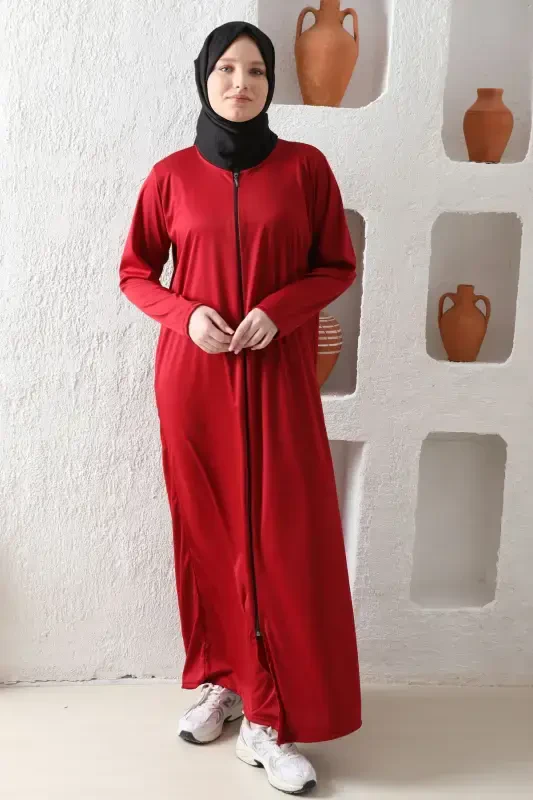 Fermuarli Mavsumiy Yengil Matodan Ayollar Namoz Libosi Ferace-Bordo - KUTAY COLLECTION