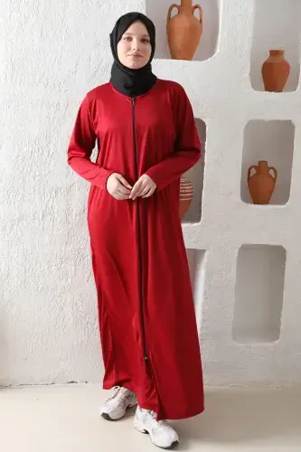 Fermuarlı Mevsimlik Hafif Kumaş Kadın Namaz Elbisesi Ferace-Bordo - 1