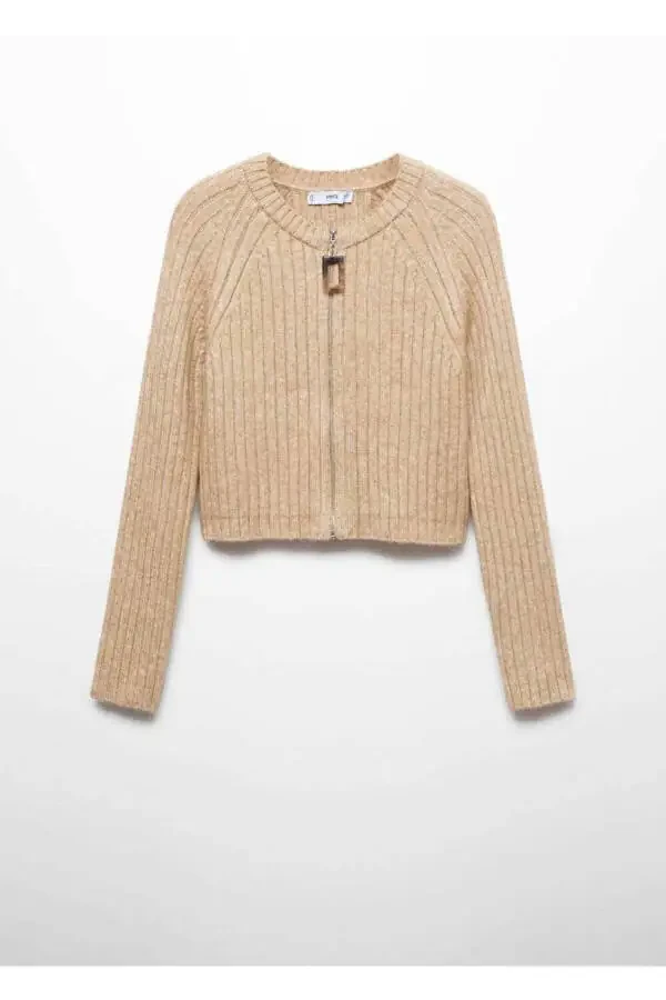 Fermuarli Rib chiziqli kapşonlu sviter - 3