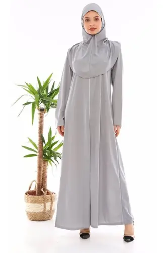 Fermuarlı Tek Parça Namaz Elbisesi Gri-Gri 