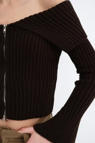 Fermuarlı Triko Hırka H1427-C6-Kahve - 3