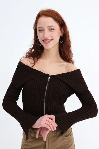 Fermuarlı Triko Hırka H1427-C6-Kahve - 4