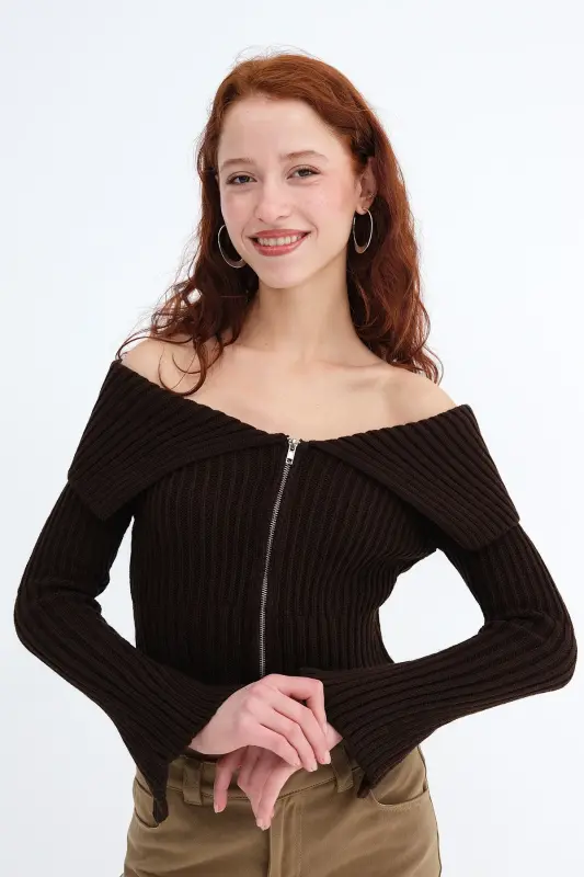 Fermuarlı Triko Hırka H1427-C6-Kahve - 4