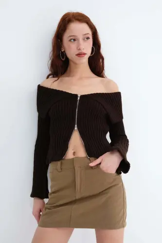 Fermuarlı Triko Hırka H1427-C6-Kahve - 1