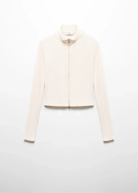 Fermuarlı yüksek yaka hırka - Ekrü - 1