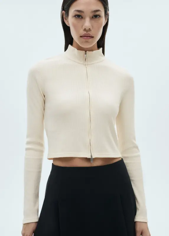 Fermuarlı yüksek yaka hırka - Ekrü - 3