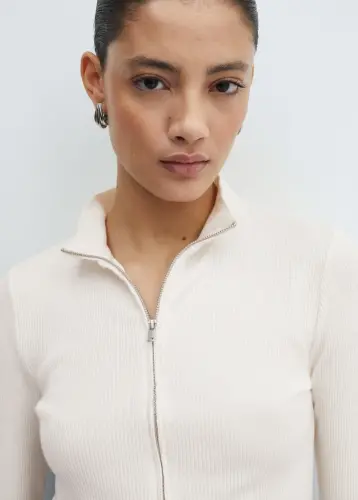 Fermuarlı yüksek yaka hırka - Ekrü - 4
