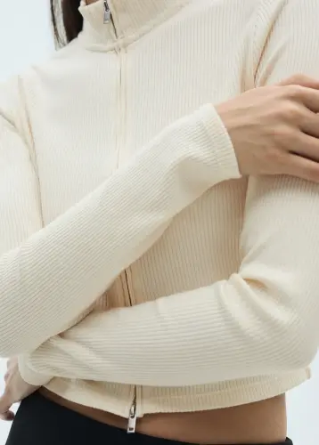 Fermuarlı yüksek yaka hırka - Ekrü - 7
