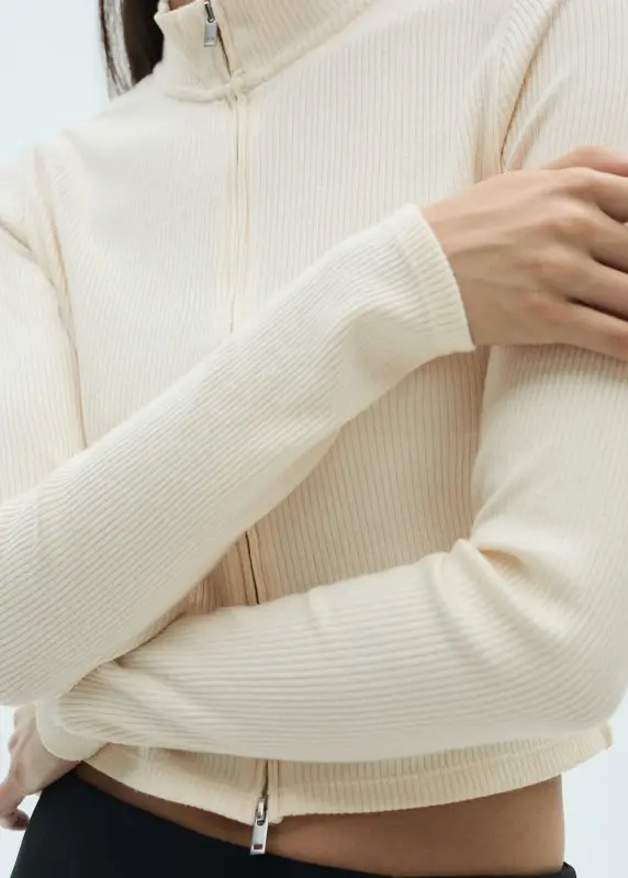 Fermuarlı yüksek yaka hırka - Ekrü - 7