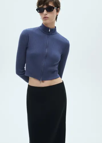 Fermuarlı yüksek yaka hırka - Mavi - 3