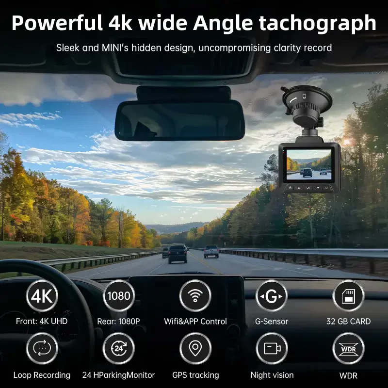 FFN Dash Cam Oldin va Orqa, 4K WiFi & GPS li Dash Cam, Avtomobil uchun Dash Kamera, APP li Dashcam, G-Sensorli Avtomobil Kamerasi, Kechasi Ko'rish, WDR, Tsiklik Yozuv, To'xtab Turish Rejimi, Bepul 32GB SD Karta - 2