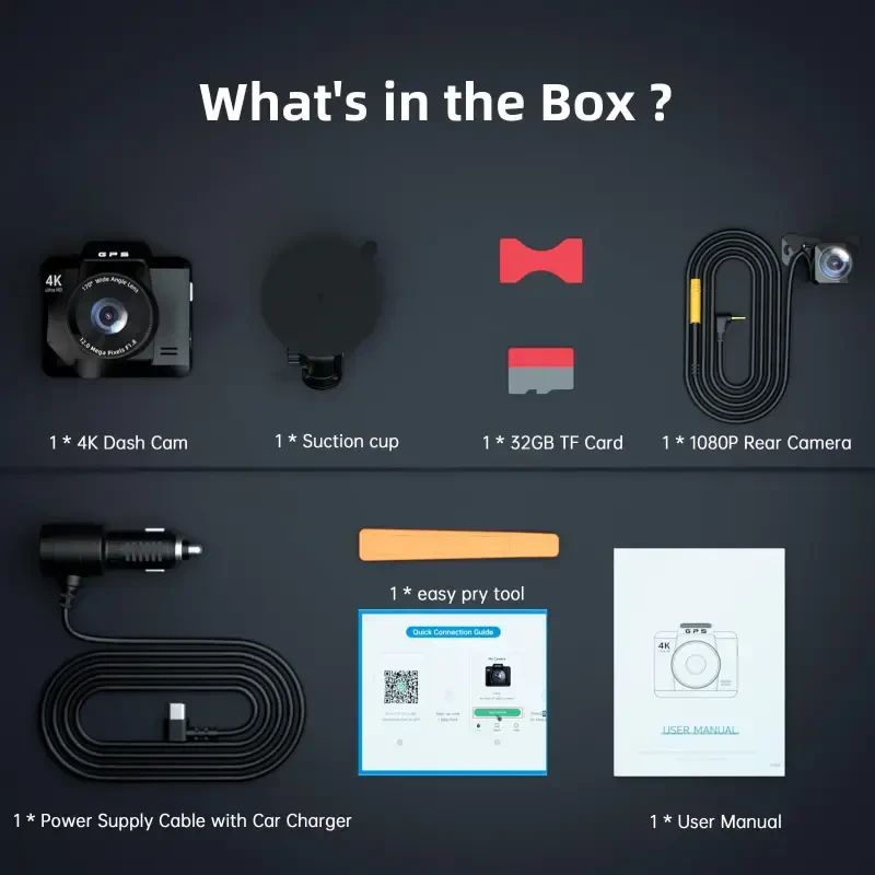 FFN Dash Cam Oldin va Orqa, 4K WiFi & GPS li Dash Cam, Avtomobil uchun Dash Kamera, APP li Dashcam, G-Sensorli Avtomobil Kamerasi, Kechasi Ko'rish, WDR, Tsiklik Yozuv, To'xtab Turish Rejimi, Bepul 32GB SD Karta - 4