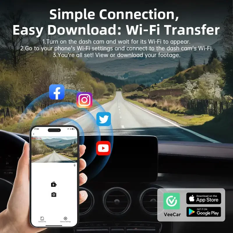 FFN Dash Cam Oldin va Orqa, 4K WiFi & GPS li Dash Cam, Avtomobil uchun Dash Kamera, APP li Dashcam, G-Sensorli Avtomobil Kamerasi, Kechasi Ko'rish, WDR, Tsiklik Yozuv, To'xtab Turish Rejimi, Bepul 32GB SD Karta - 6