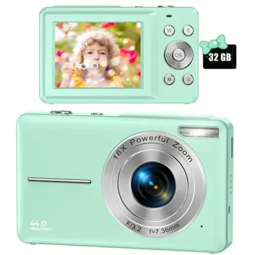 FHD 1080P Digital Camera for Kids - 32GB SD Card, 16X Zoom, Compact Point & Shoot, Portable (Green) 