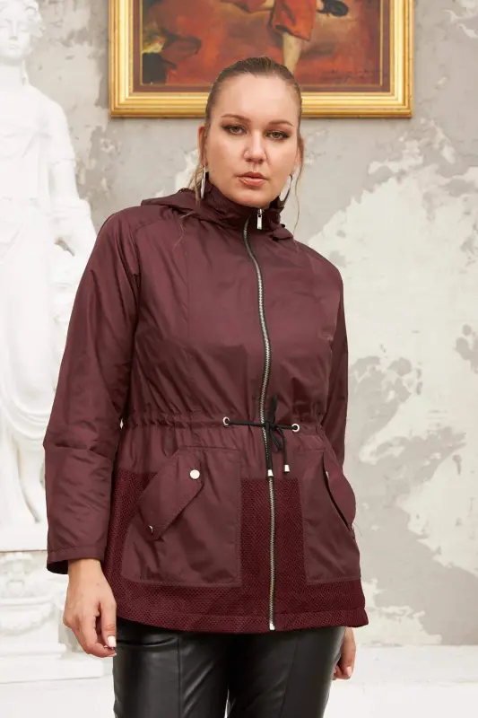 File Batafsil Katta Beden Bordo Trenchcoat - 2