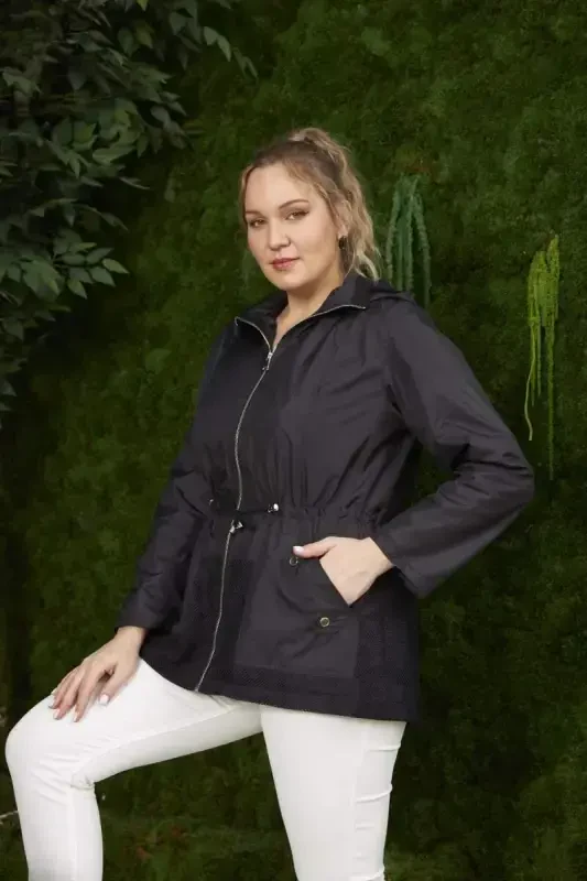 File Detailed Plus Size Black Trench Coat - 3