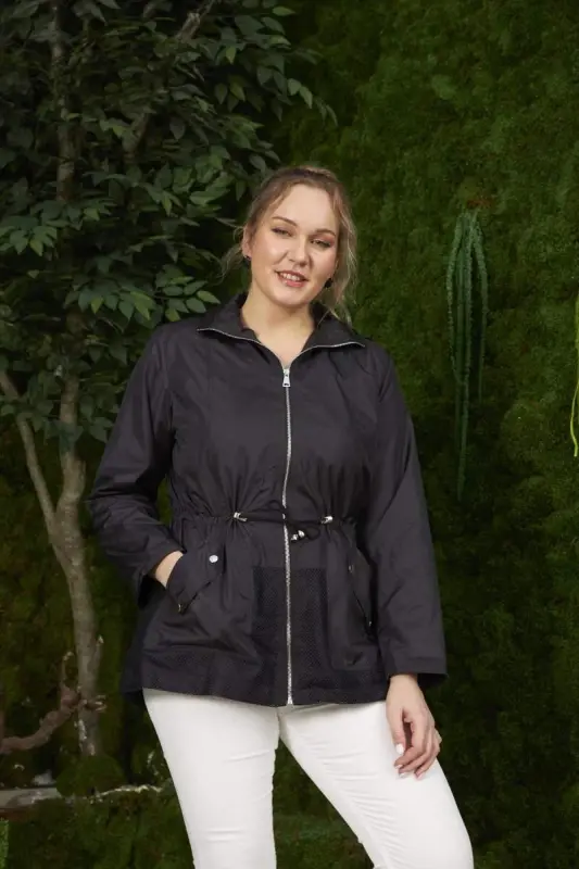 File Detailed Plus Size Black Trench Coat - 1