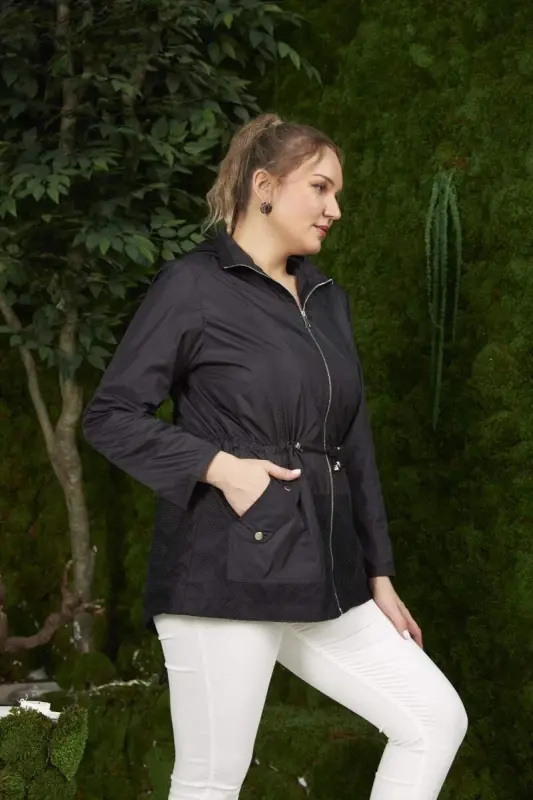 File Detailed Plus Size Black Trench Coat - 2