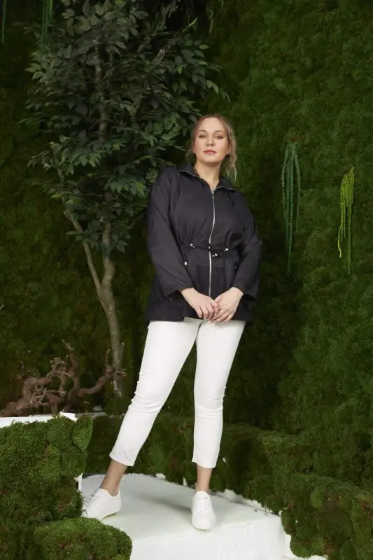 File Detailed Plus Size Black Trench Coat - 5